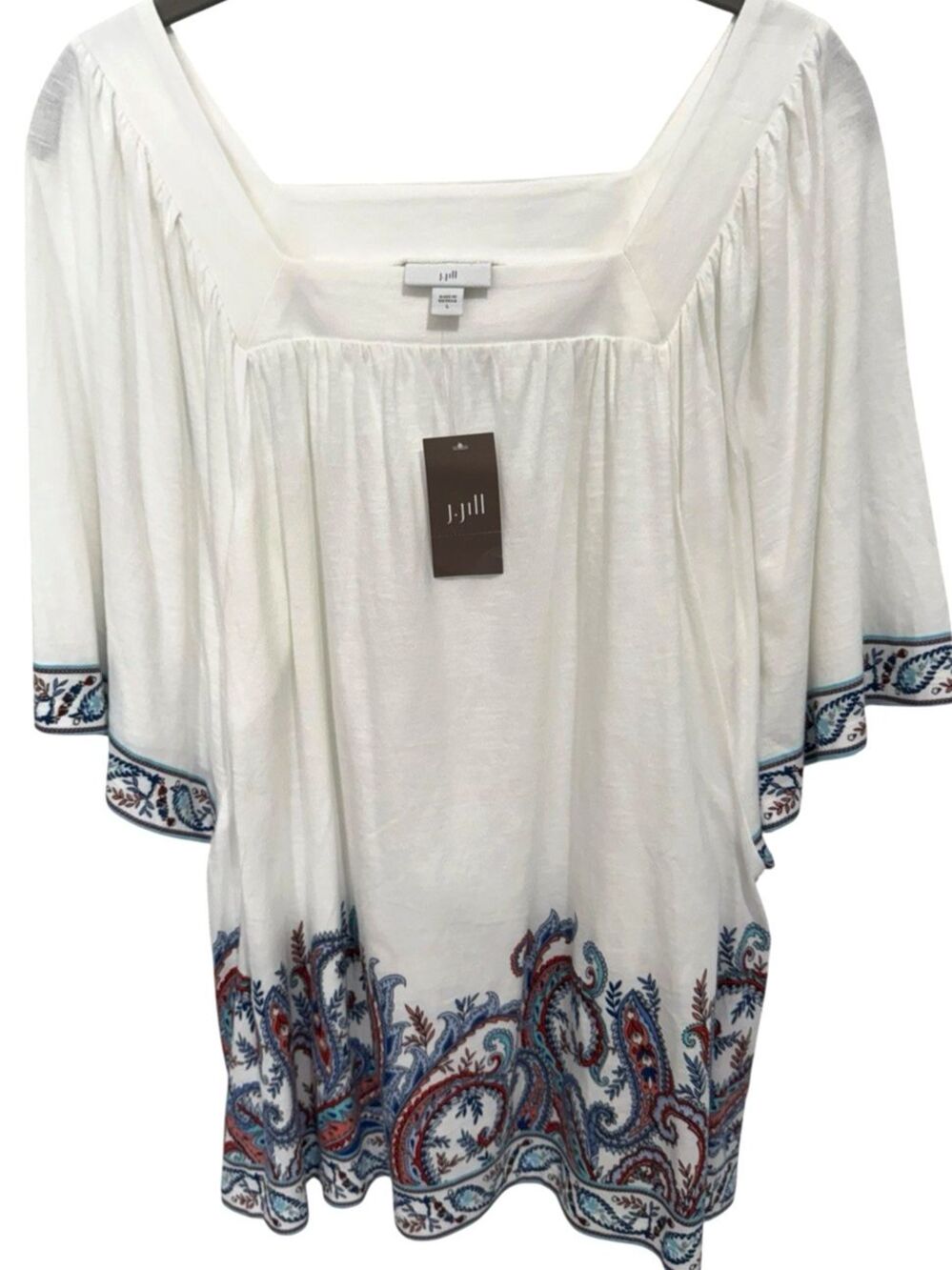 NWT J. Jill Sz L White Paisley Border Print Square Neck Flutter Sleeve Top Boho